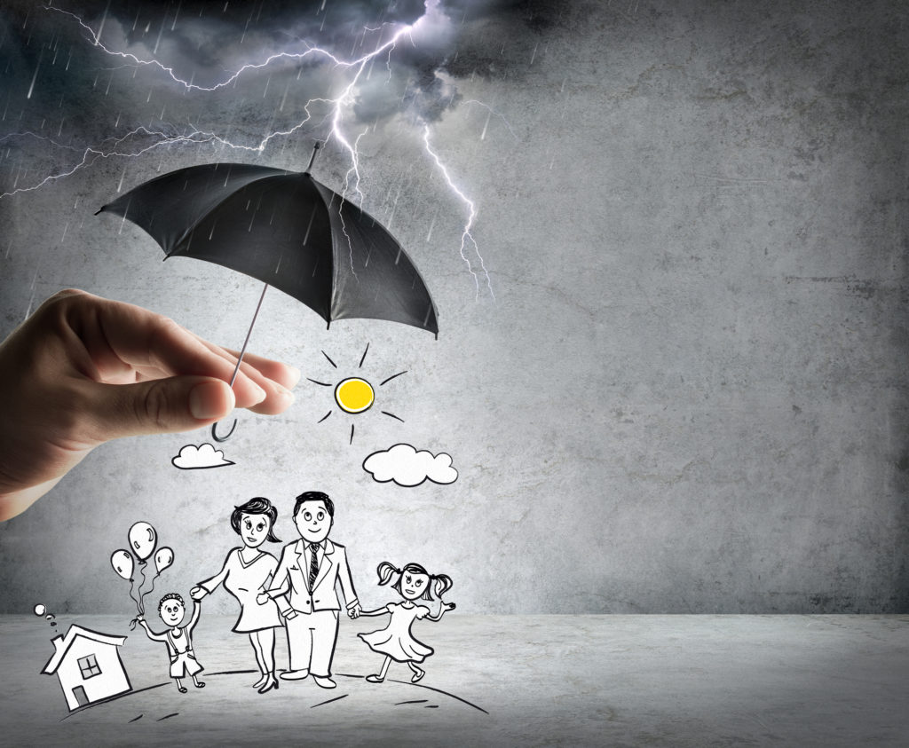 Drawing of a family outside on a stormy day with a hand holding an umbreall over them to keep them safe