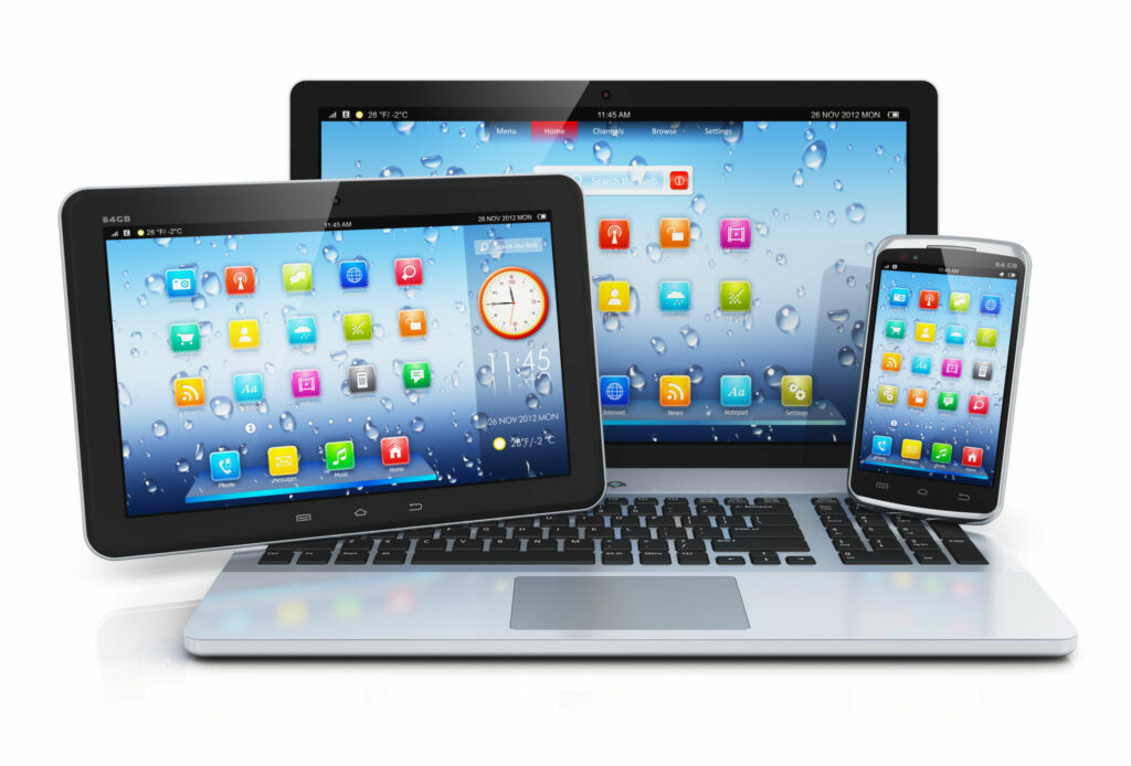 A laptop, tablet, and mobile phone all open to the same screen